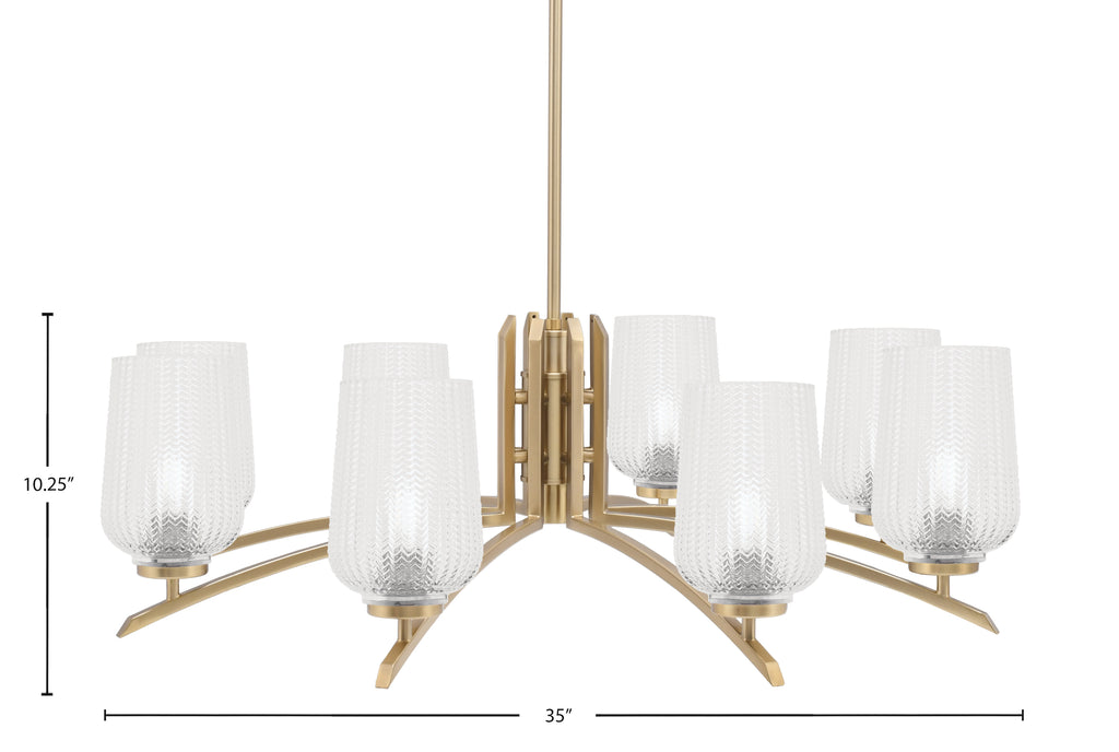 Kurve Eight Light Chandelier in New Age Brass with Clear Textured Shade