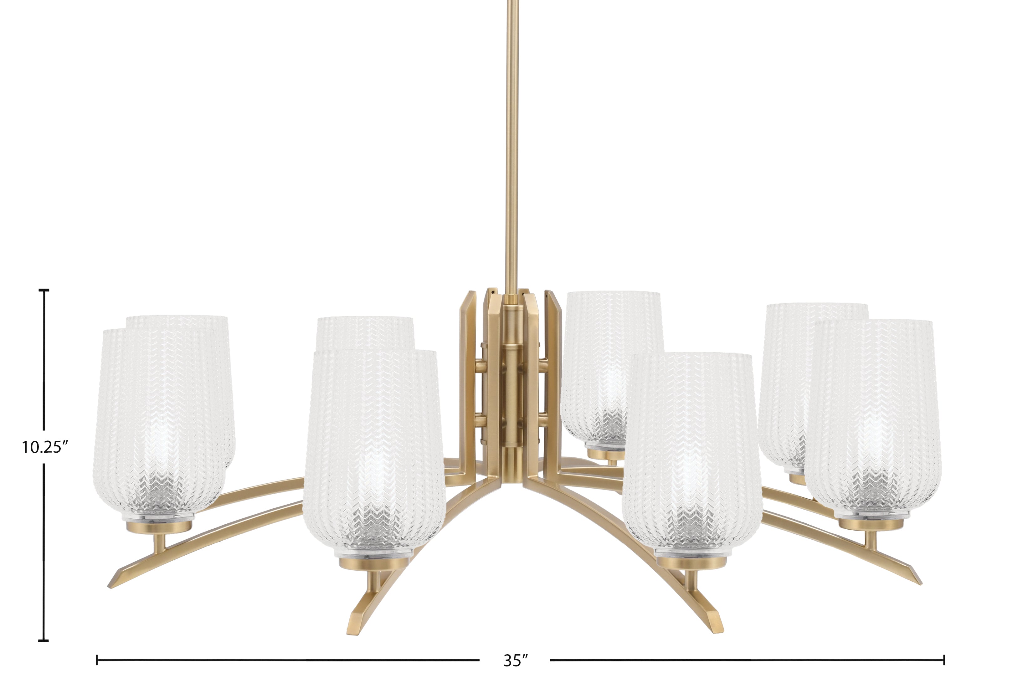 Kurve Eight Light Chandelier in New Age Brass with Clear Textured Shade