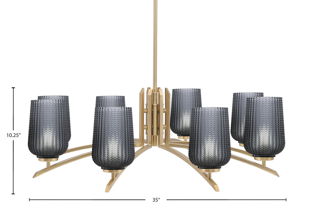 Kurve Eight Light Chandelier in New Age Brass with Smoke Textured Shade