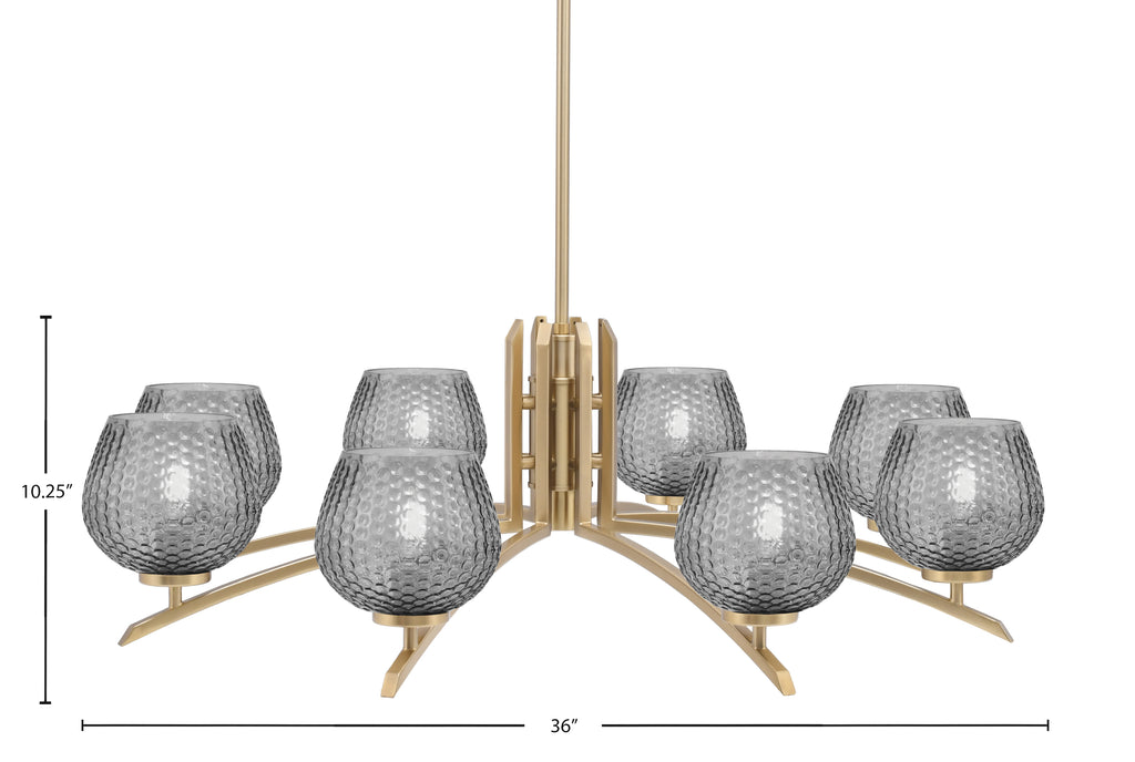 Kurve Eight Light Chandelier in New Age Brass with Smoke Textured Shade