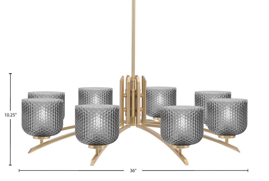 Kurve Eight Light Chandelier in New Age Brass with Smoke Textured Shade
