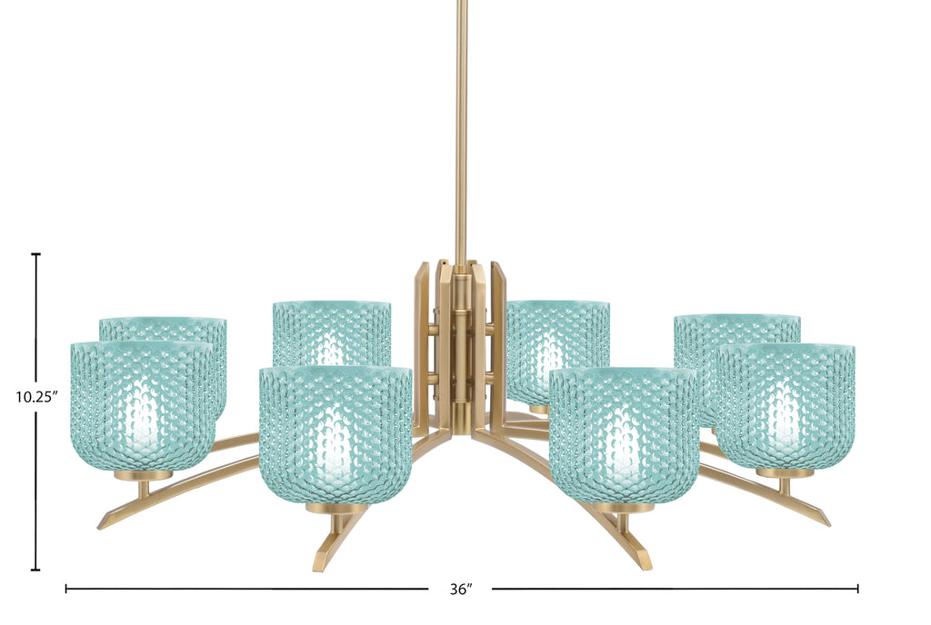 Kurve Eight Light Chandelier in New Age Brass with Turquoise Textured Shade