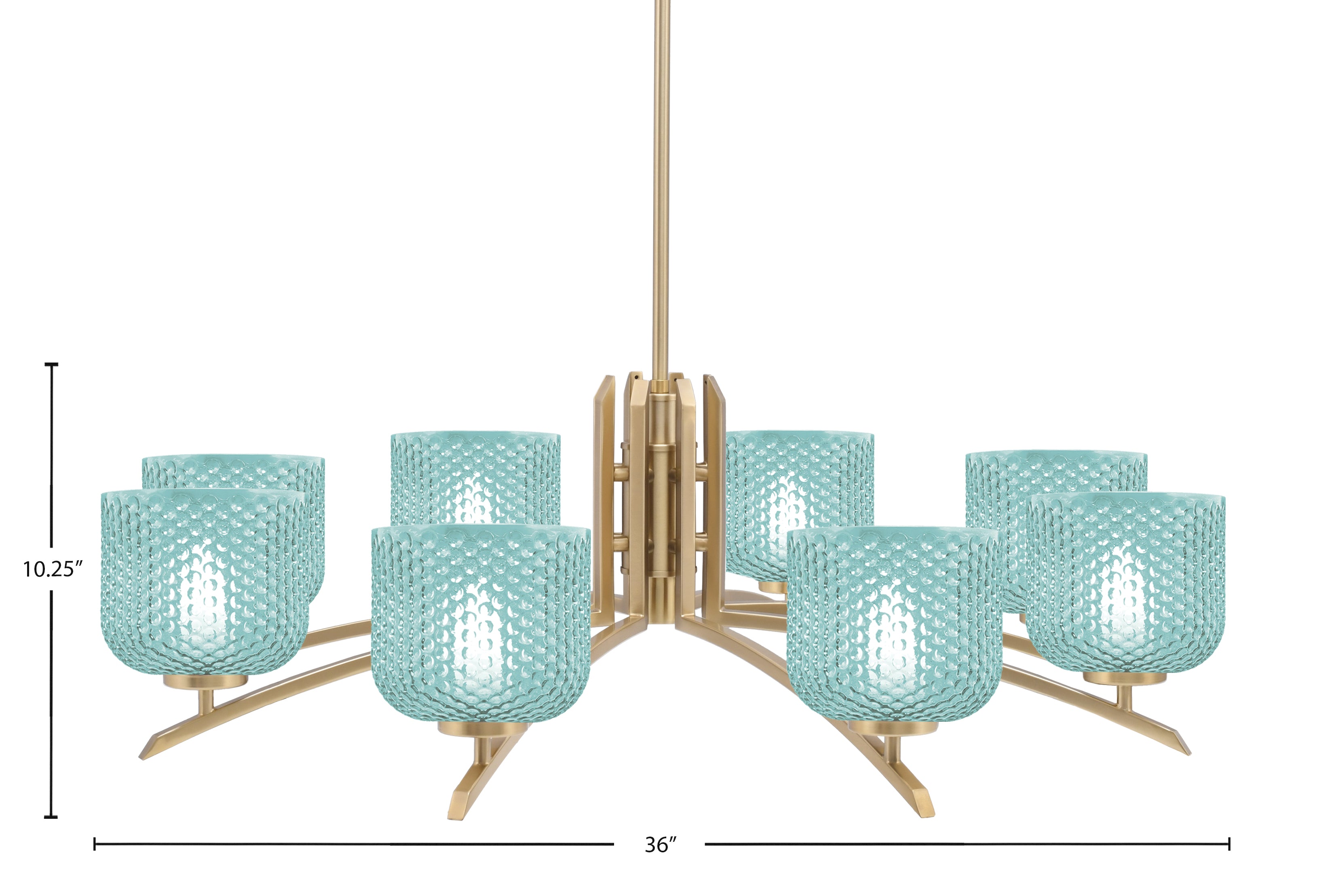 Kurve Eight Light Chandelier in New Age Brass with Turquoise Textured Shade