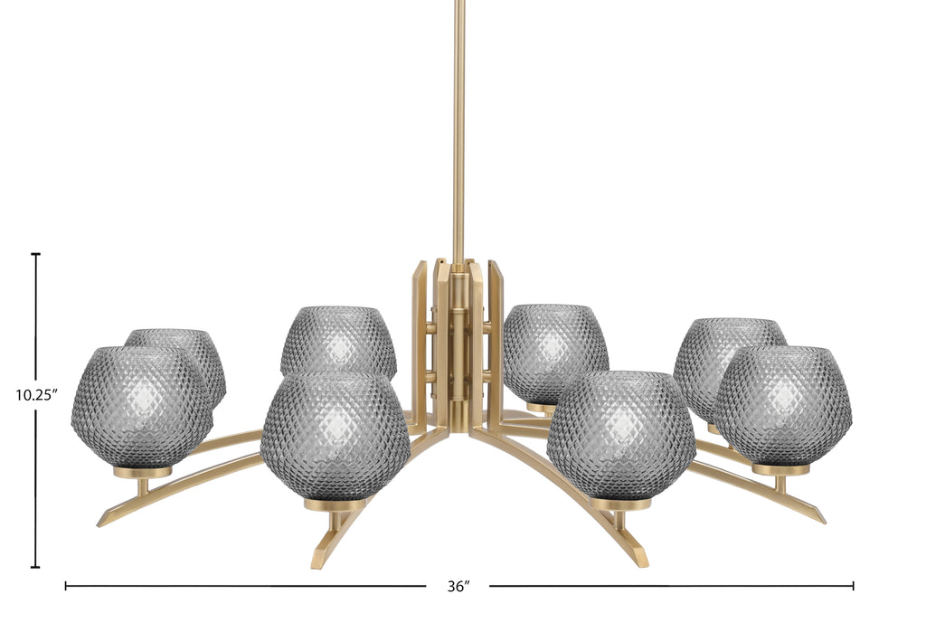 Kurve Eight Light Chandelier in New Age Brass with Smoke Textured Shade