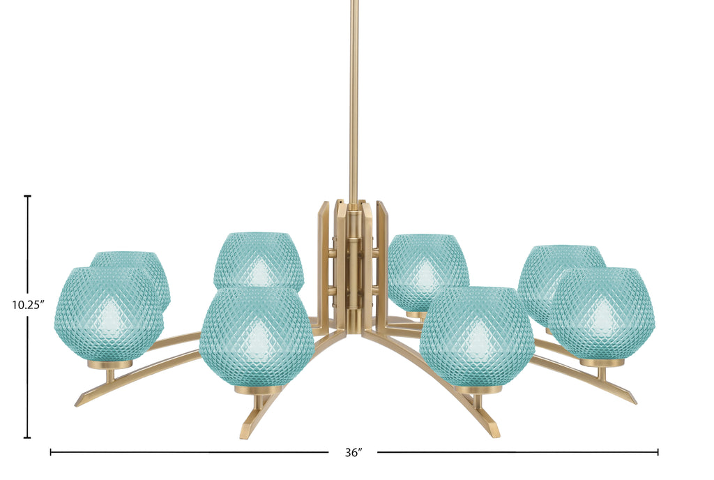 Kurve Eight Light Chandelier in New Age Brass with Turquoise Textured Shade