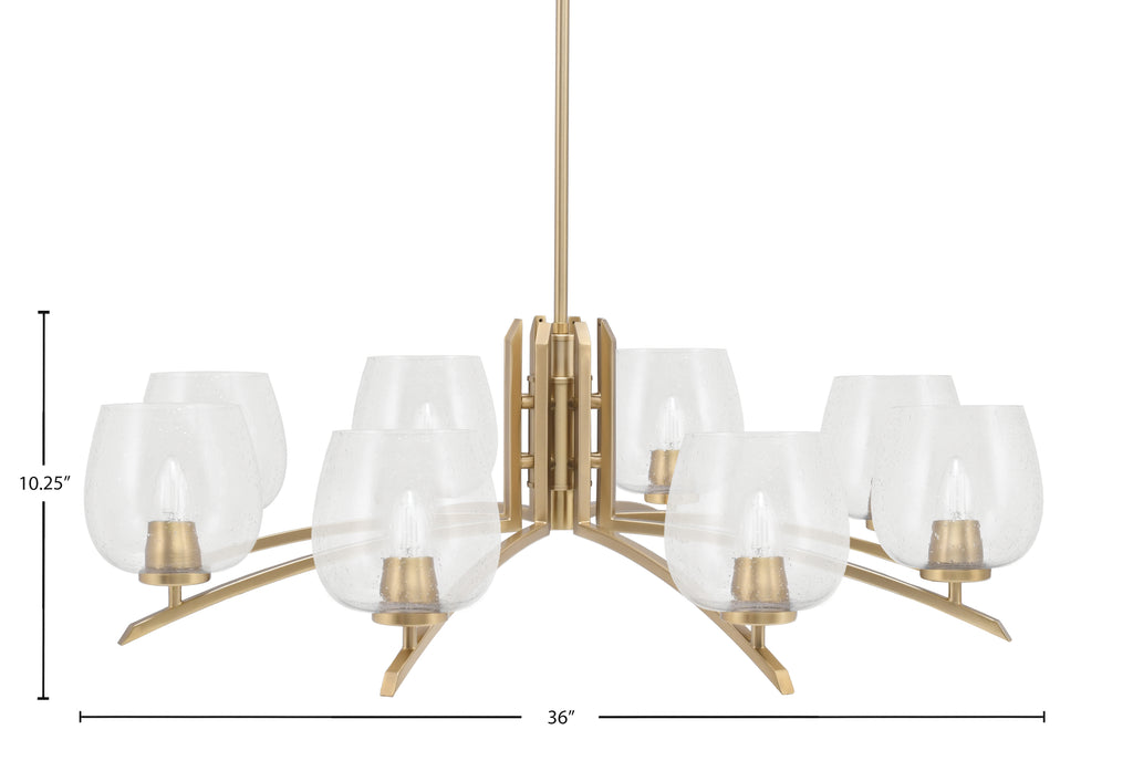 Kurve Eight Light Chandelier in New Age Brass with Clear Bubble Shade