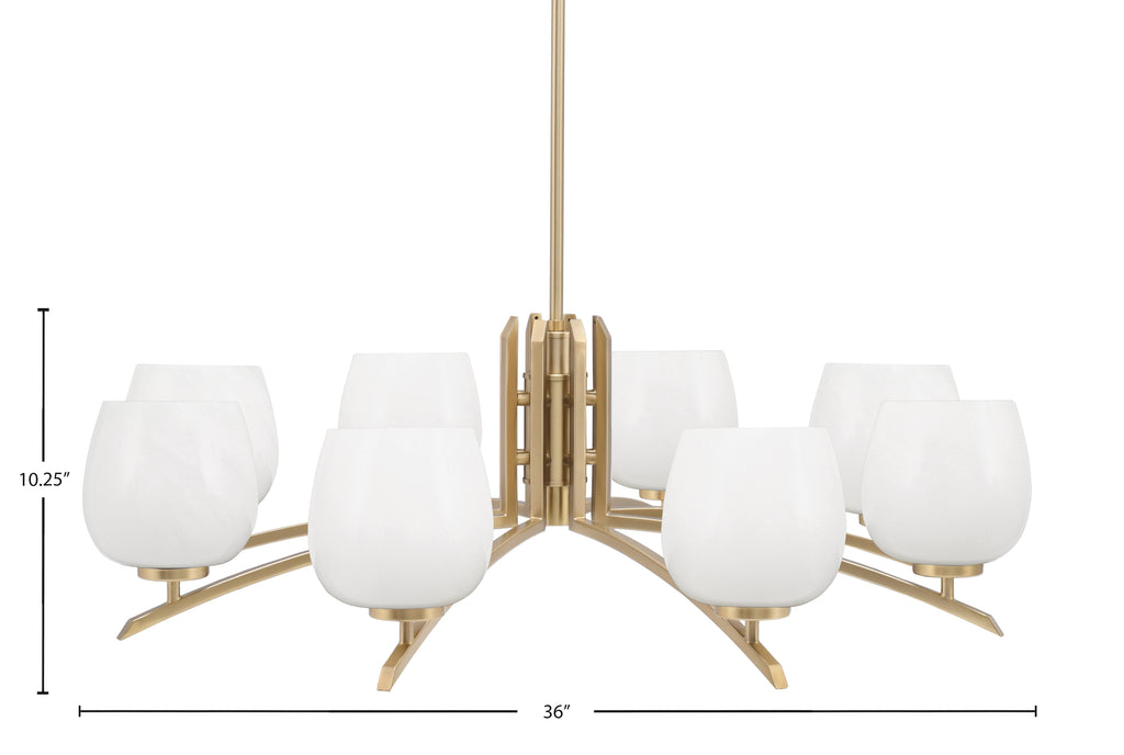 Kurve Eight Light Chandelier in New Age Brass with White Marble Shade