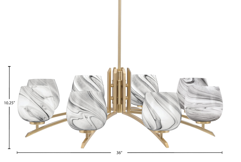 Kurve Eight Light Chandelier in New Age Brass with Onyx Swirl Shade