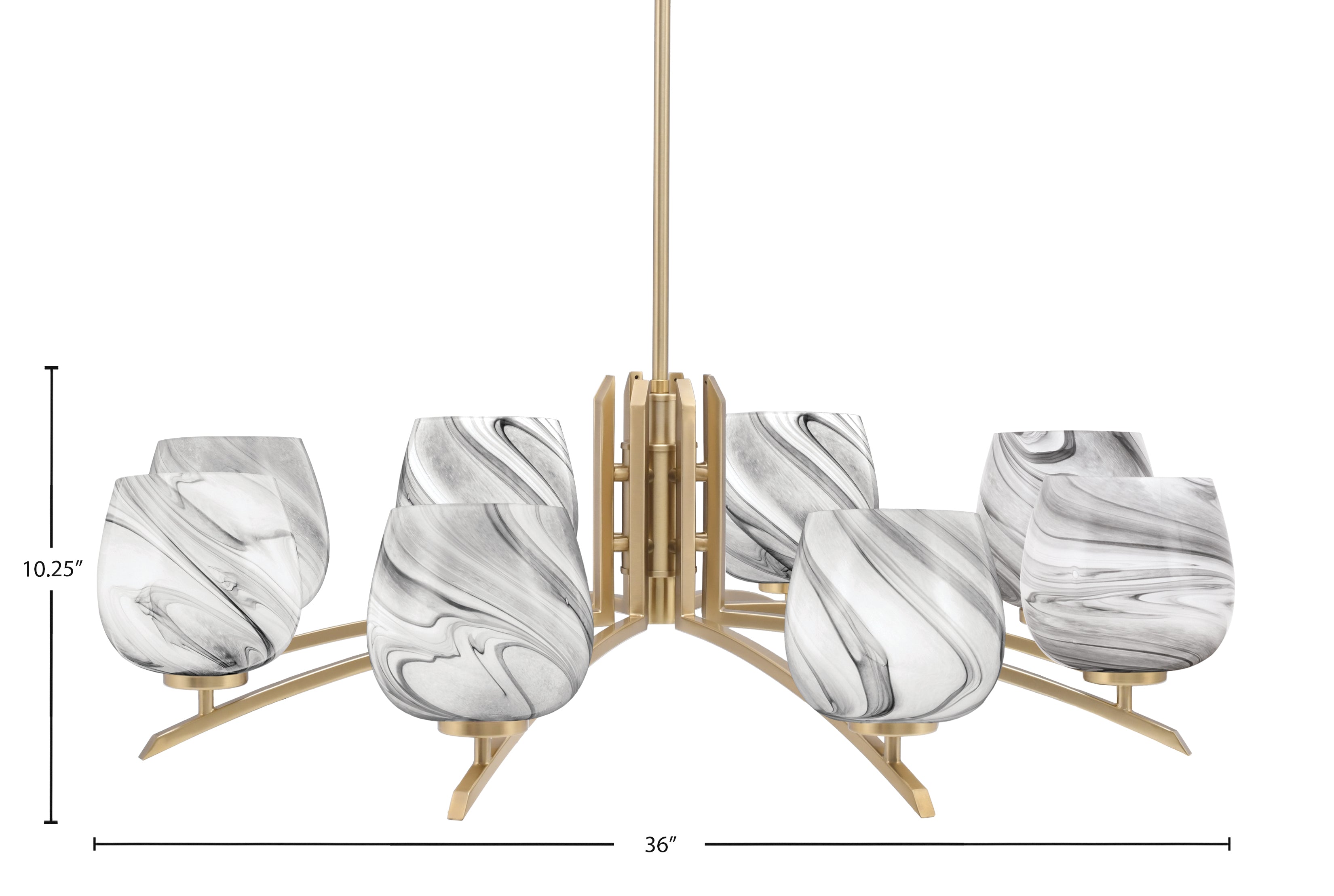 Kurve Eight Light Chandelier in New Age Brass with Onyx Swirl Shade