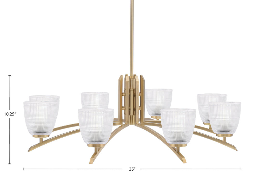 Kurve Eight Light Chandelier in New Age Brass with Clear Ribbed Shade