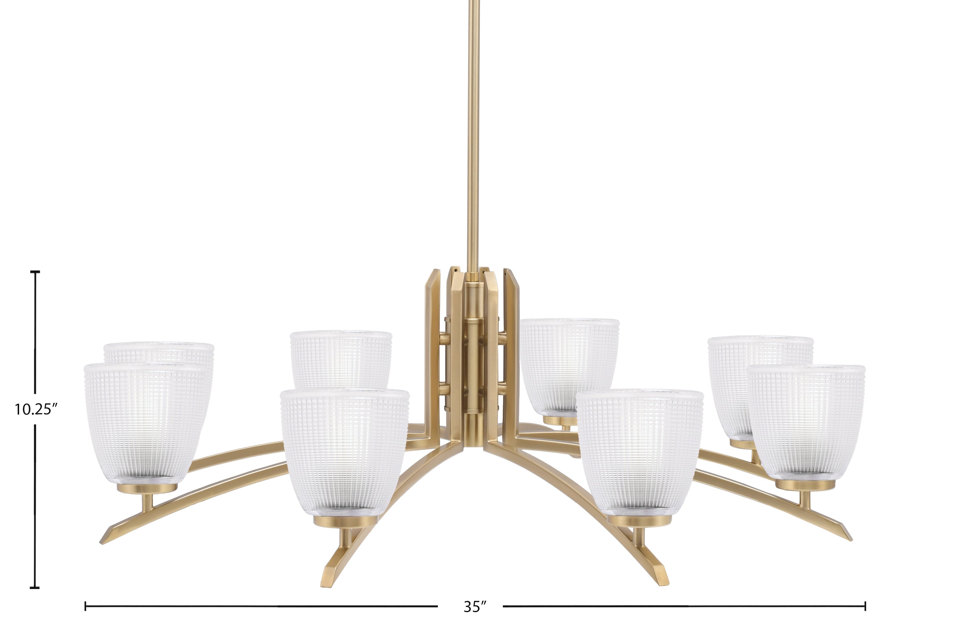 Kurve Eight Light Chandelier in New Age Brass with Clear Ribbed Shade