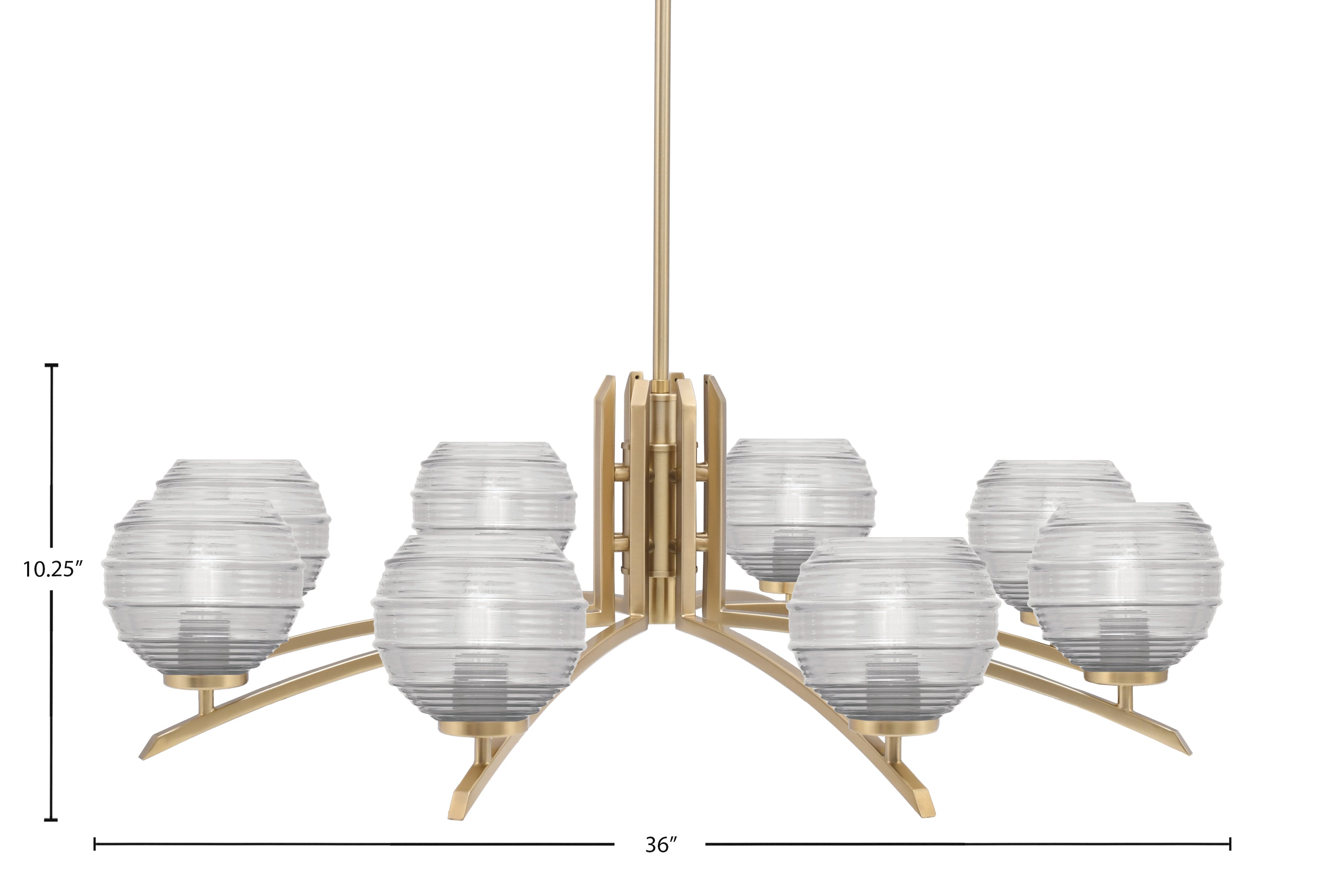 Kurve Eight Light Chandelier in New Age Brass with Clear Ribbed Shade