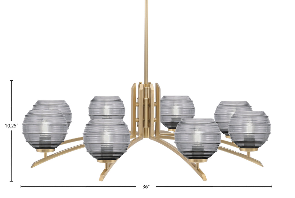 Kurve Eight Light Chandelier in New Age Brass with Smoke Ribbed Shade