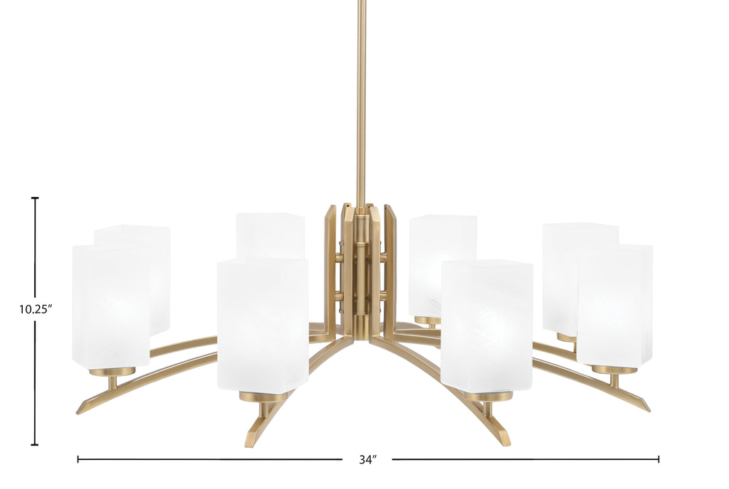 Kurve Eight Light Chandelier in New Age Brass with Square White Marble Shade