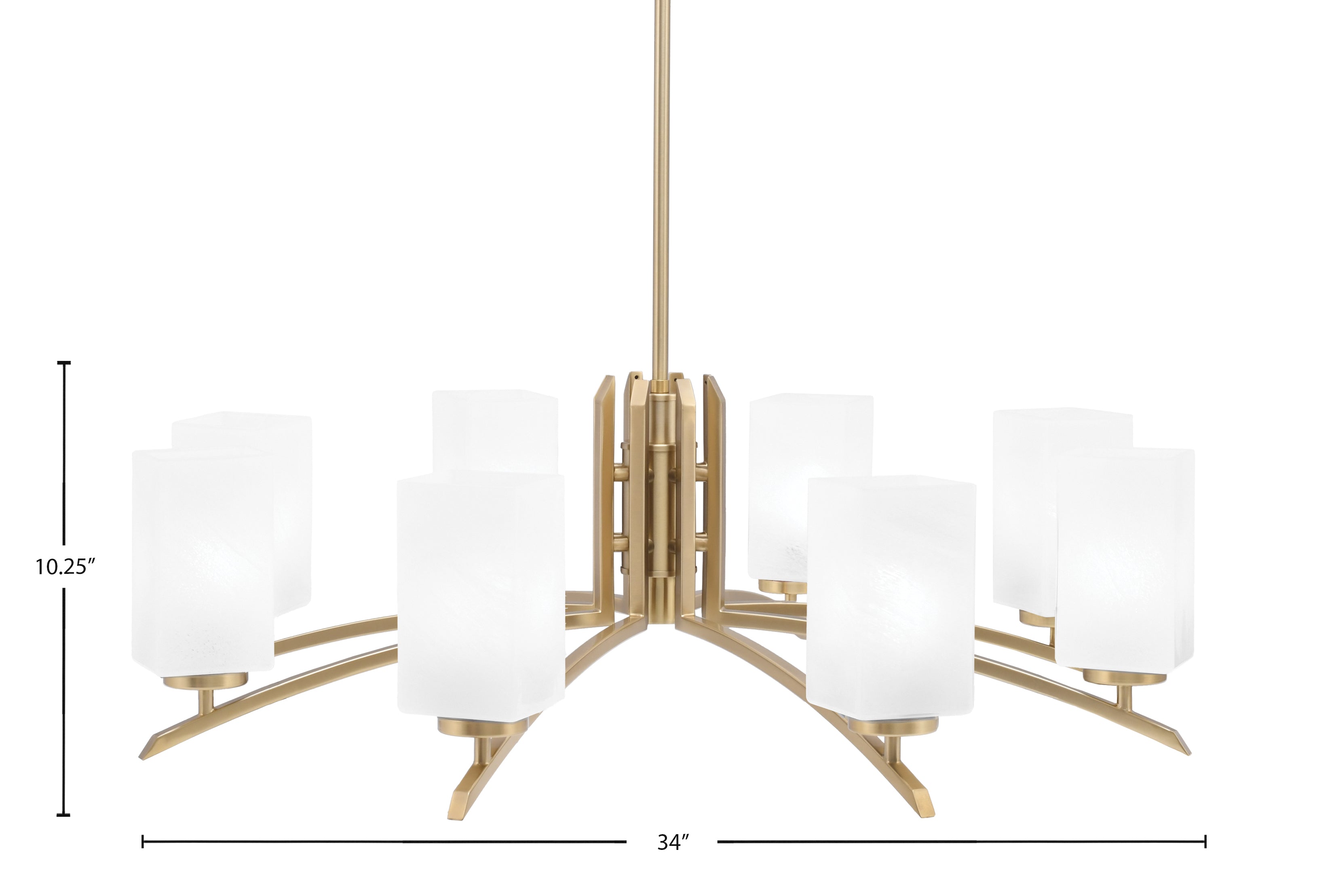 Kurve Eight Light Chandelier in New Age Brass with Square White Marble Shade