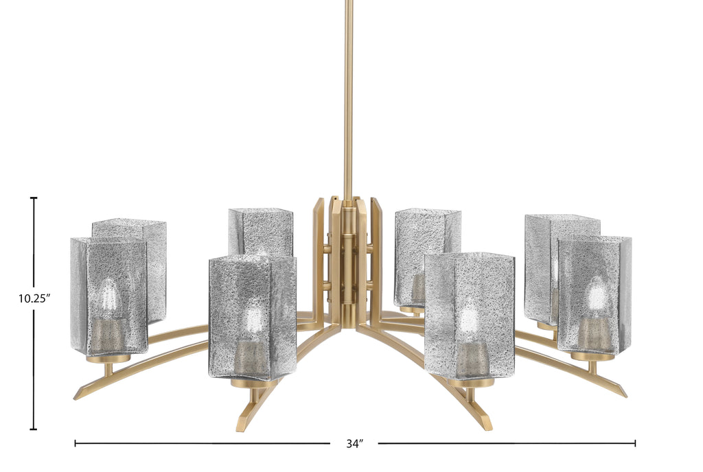 Kurve Eight Light Chandelier in New Age Brass with Square Smoke Bubble Shade