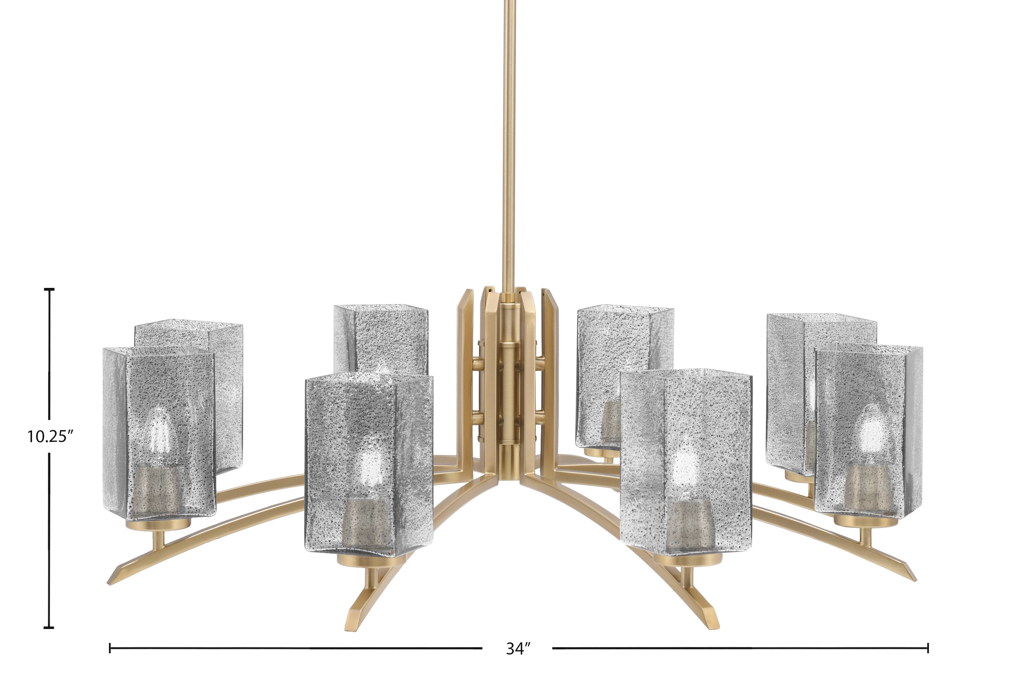 Kurve Eight Light Chandelier in New Age Brass with Square Smoke Bubble Shade