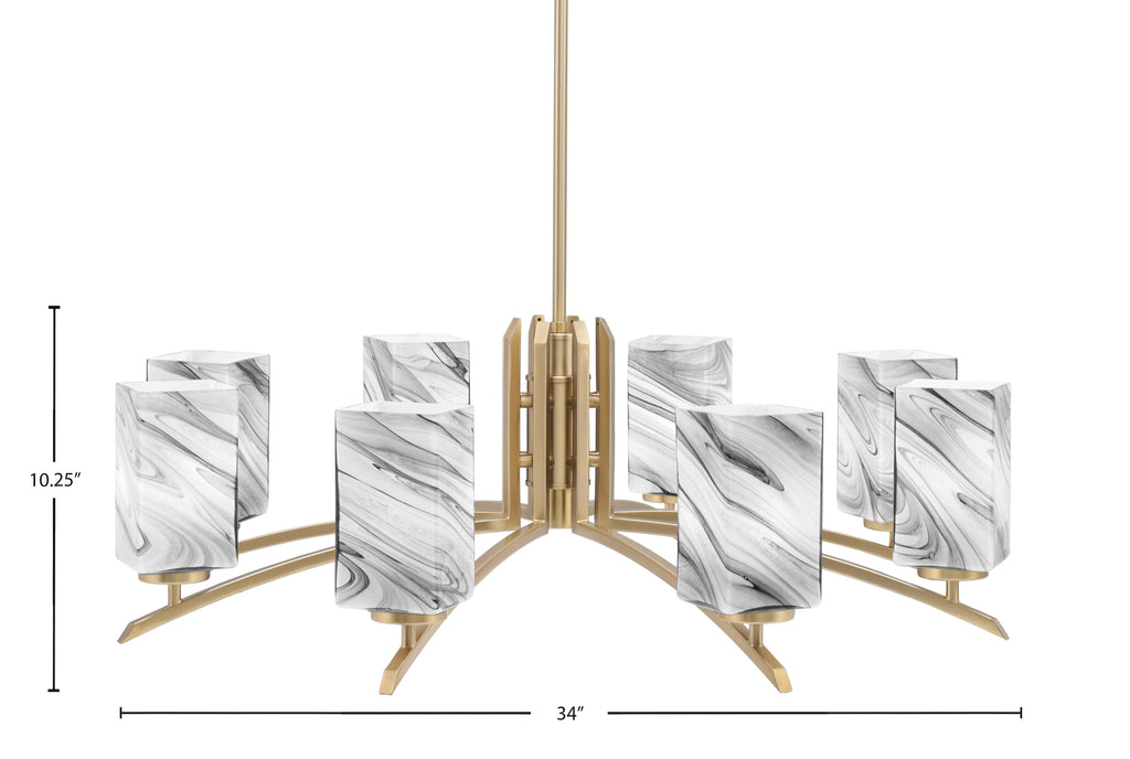 Kurve Eight Light Chandelier in New Age Brass with Square Onyx Swirl Shade