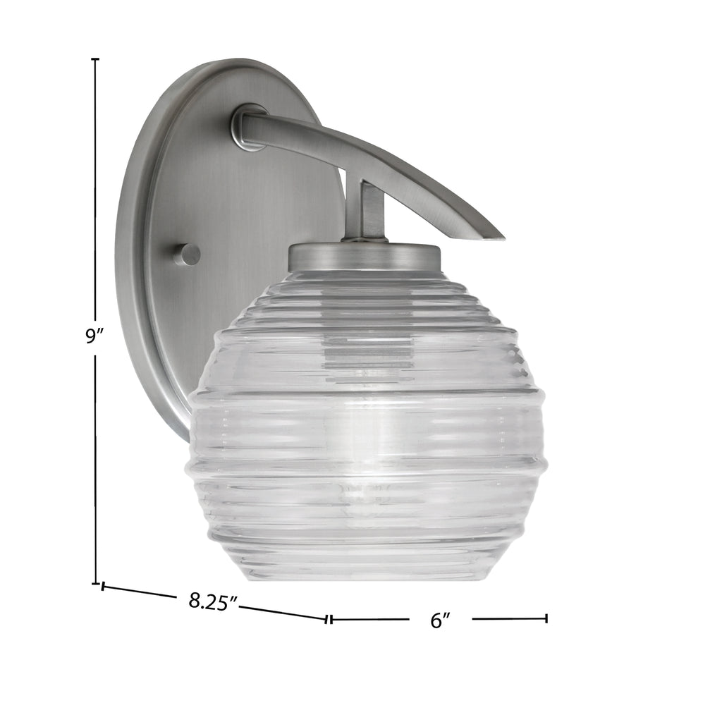 Kurve One Light Wall Sconce in Graphite with 6" Clear Ribbed Shade