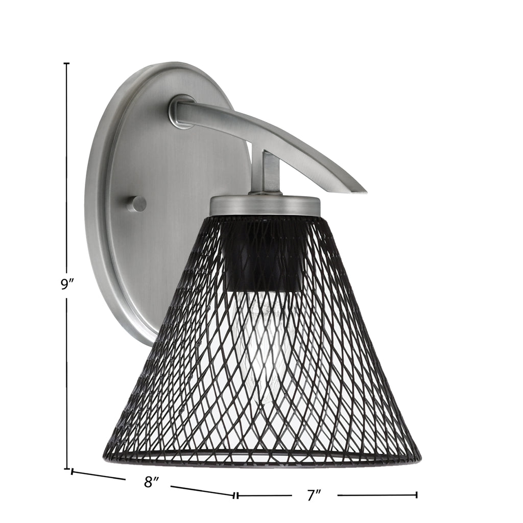Kurve One Light Wall Sconce in Graphite with 7" Matte Black Cone Mesh Metal Shade Shade