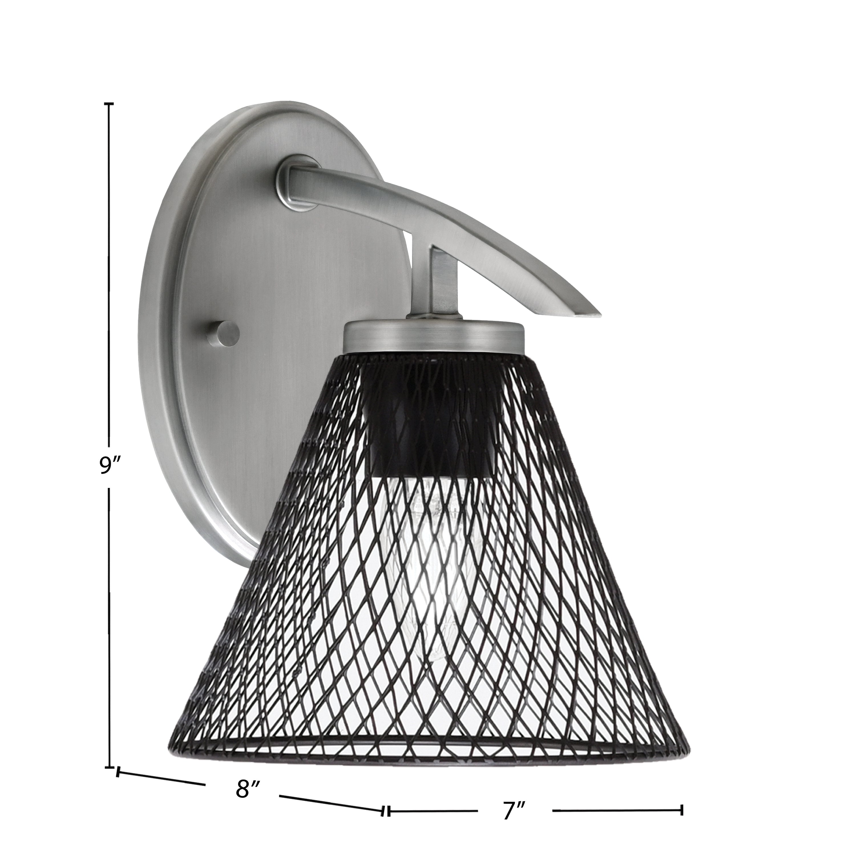Kurve One Light Wall Sconce in Graphite with 7" Matte Black Cone Mesh Metal Shade Shade