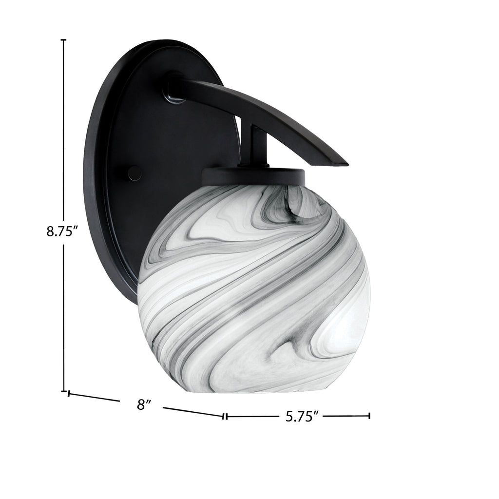 Kurve One Light Wall Sconce in Matte Black with 5.75" Onyx Swirl Shade