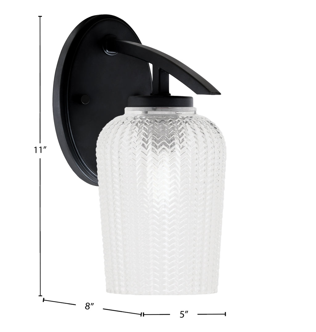 Kurve One Light Wall Sconce in Matte Black with 5" Clear Textured Shade