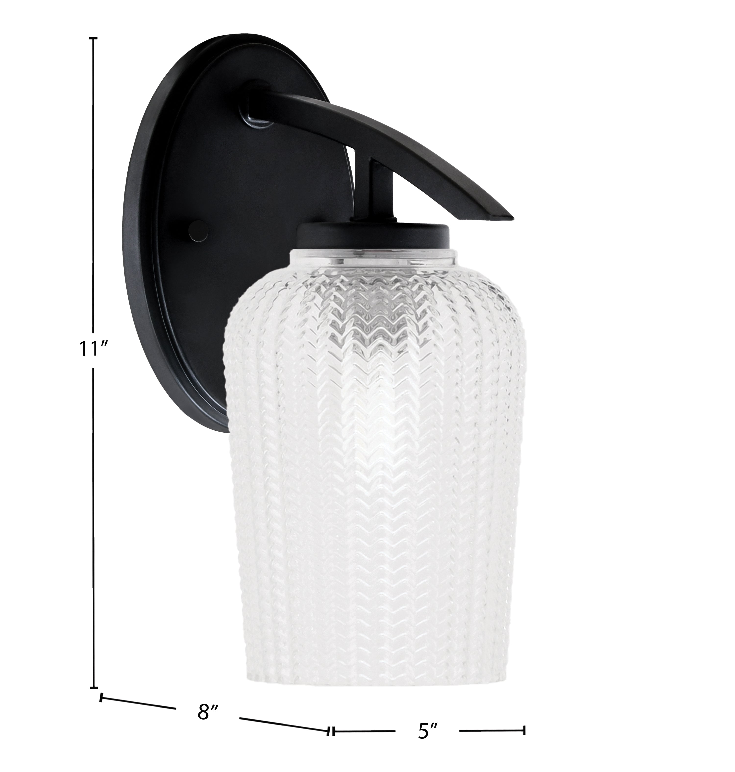 Kurve One Light Wall Sconce in Matte Black with 5" Clear Textured Shade