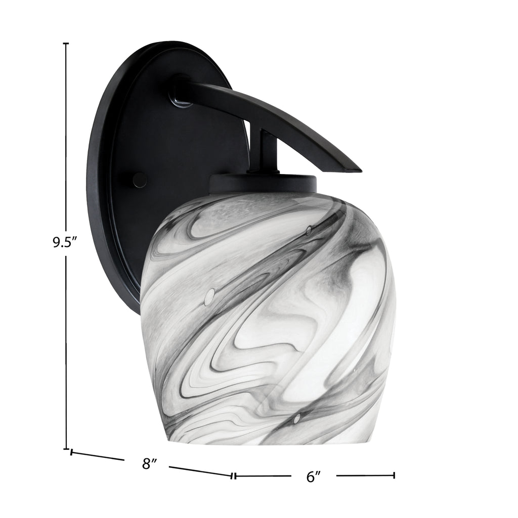 Kurve One Light Wall Sconce in Matte Black with 6" Onyx Swirl Shade