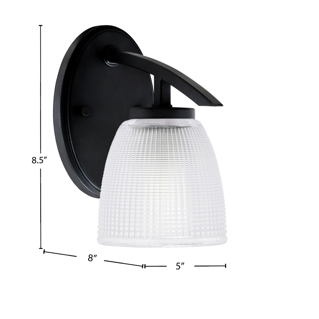 Kurve One Light Wall Sconce in Matte Black with 5" Clear Ribbed Shade