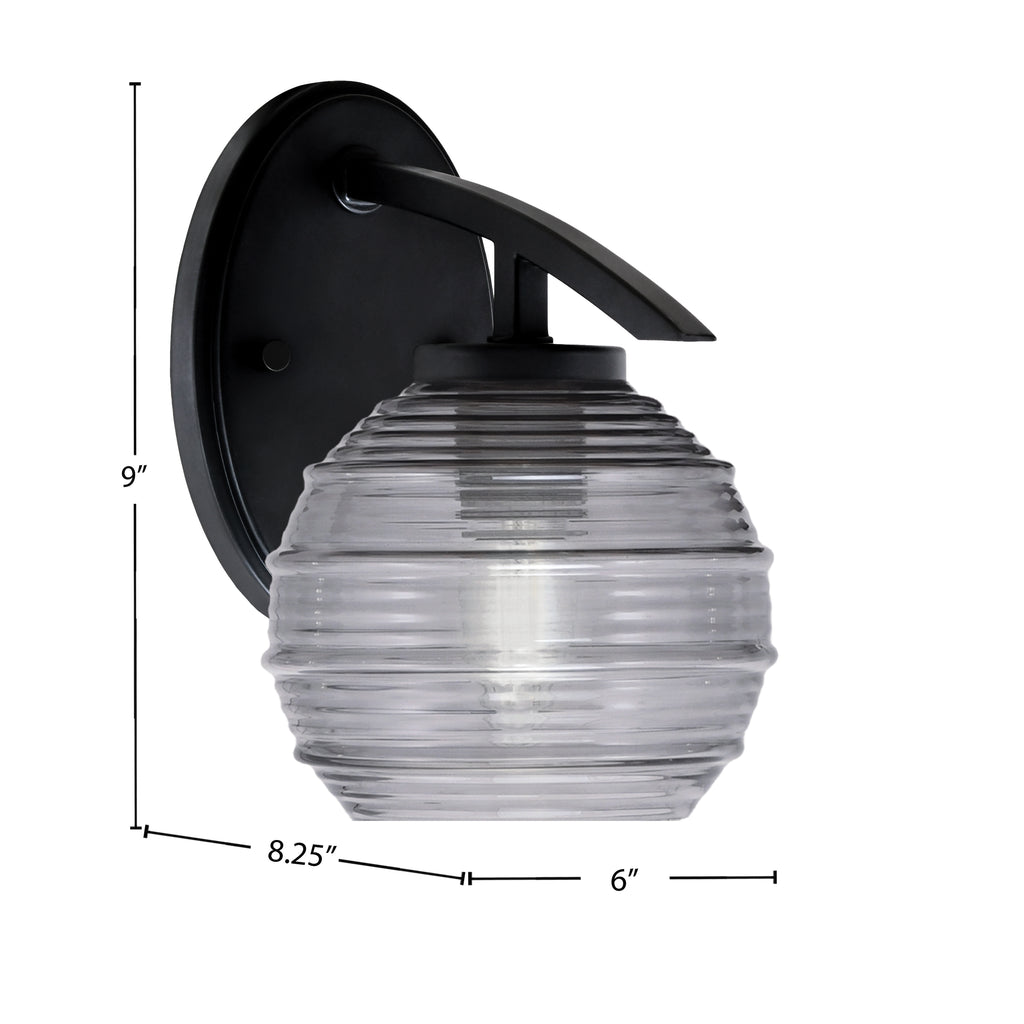 Kurve One Light Wall Sconce in Matte Black with 6" Smoke Ribbed Shade