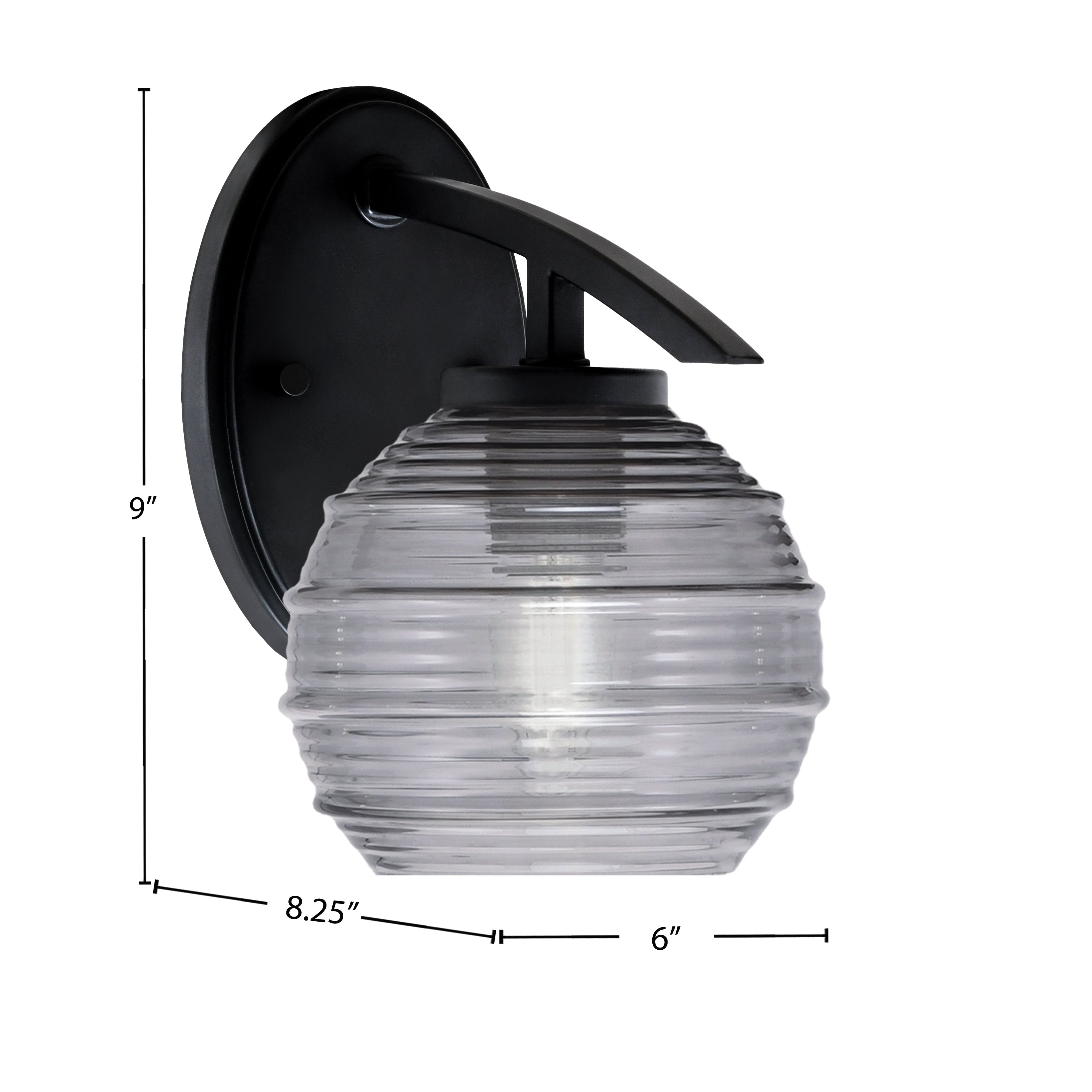 Kurve One Light Wall Sconce in Matte Black with 6" Smoke Ribbed Shade