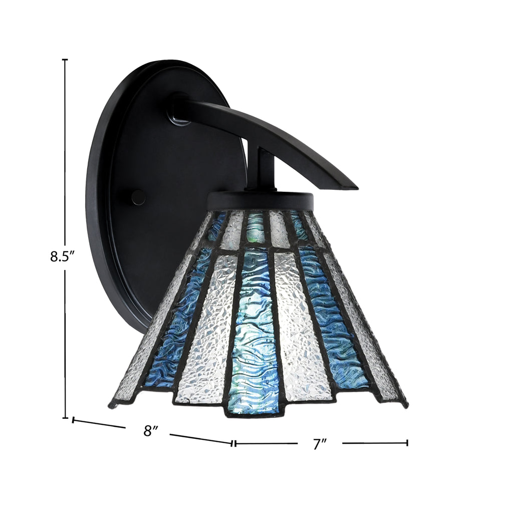 Kurve One Light Wall Sconce in Matte Black with 7" Sea Ice Art Glass Shade