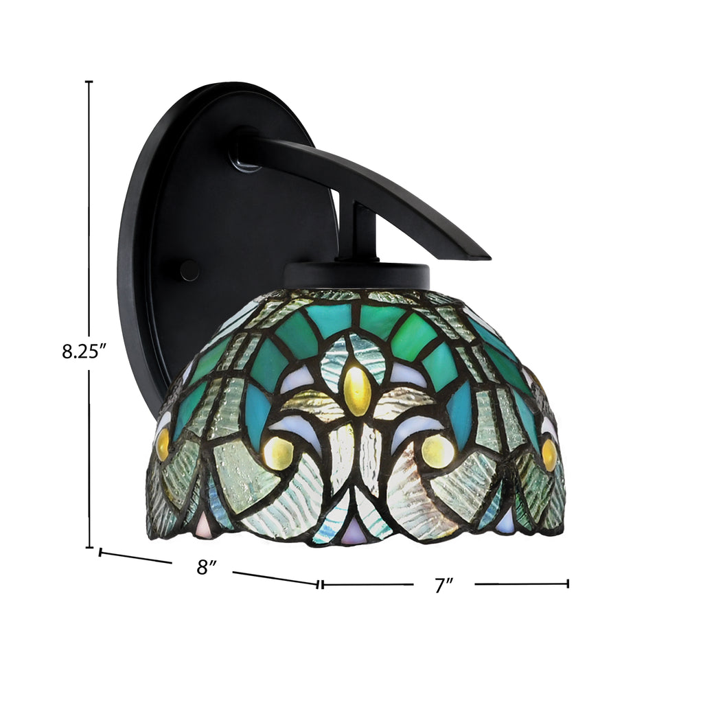 Kurve One Light Wall Sconce in Matte Black with 7" Turquoise Cypress Art Glass Shade