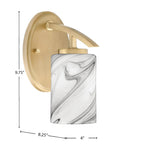 Kurve One Light Wall Sconce in New Age Brass with Onyx Swirl Glass Shade