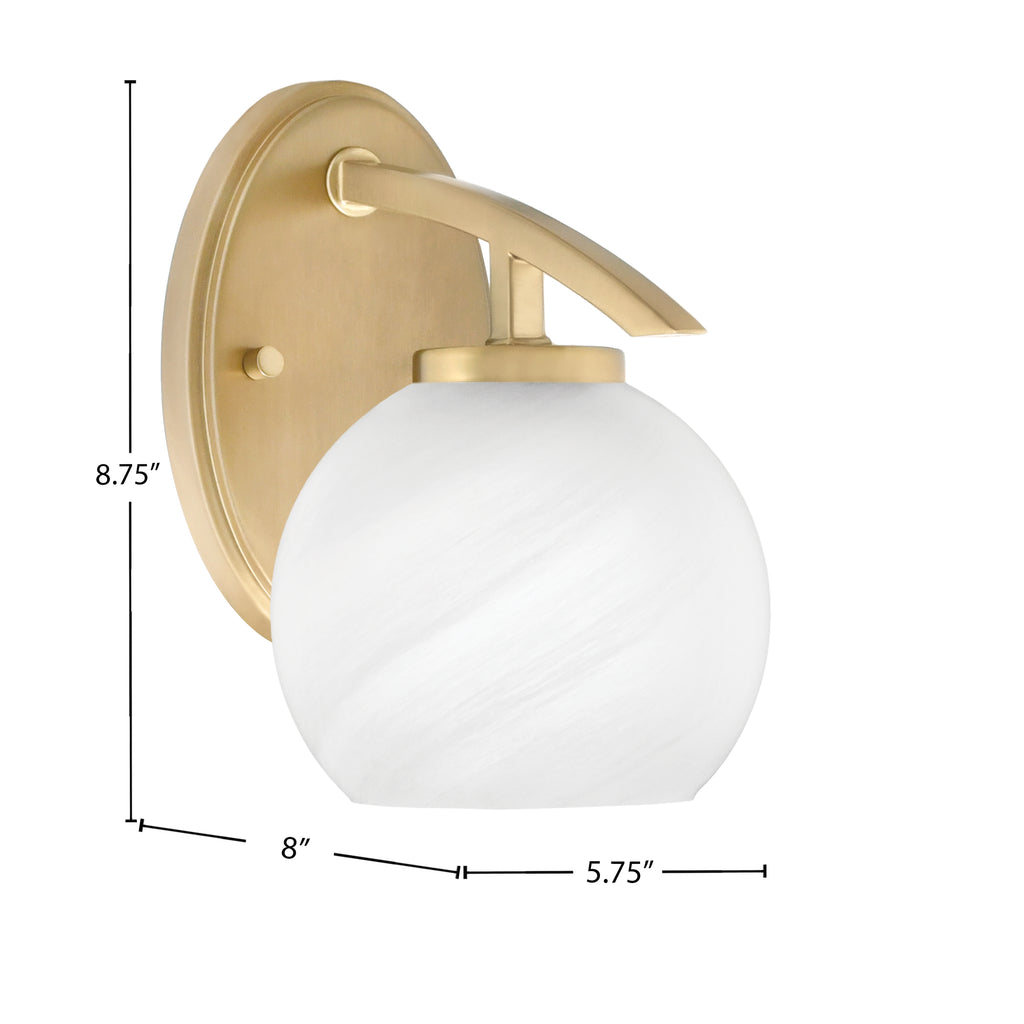 Kurve One Light Wall Sconce in New Age Brass with White Marble Glass Shade