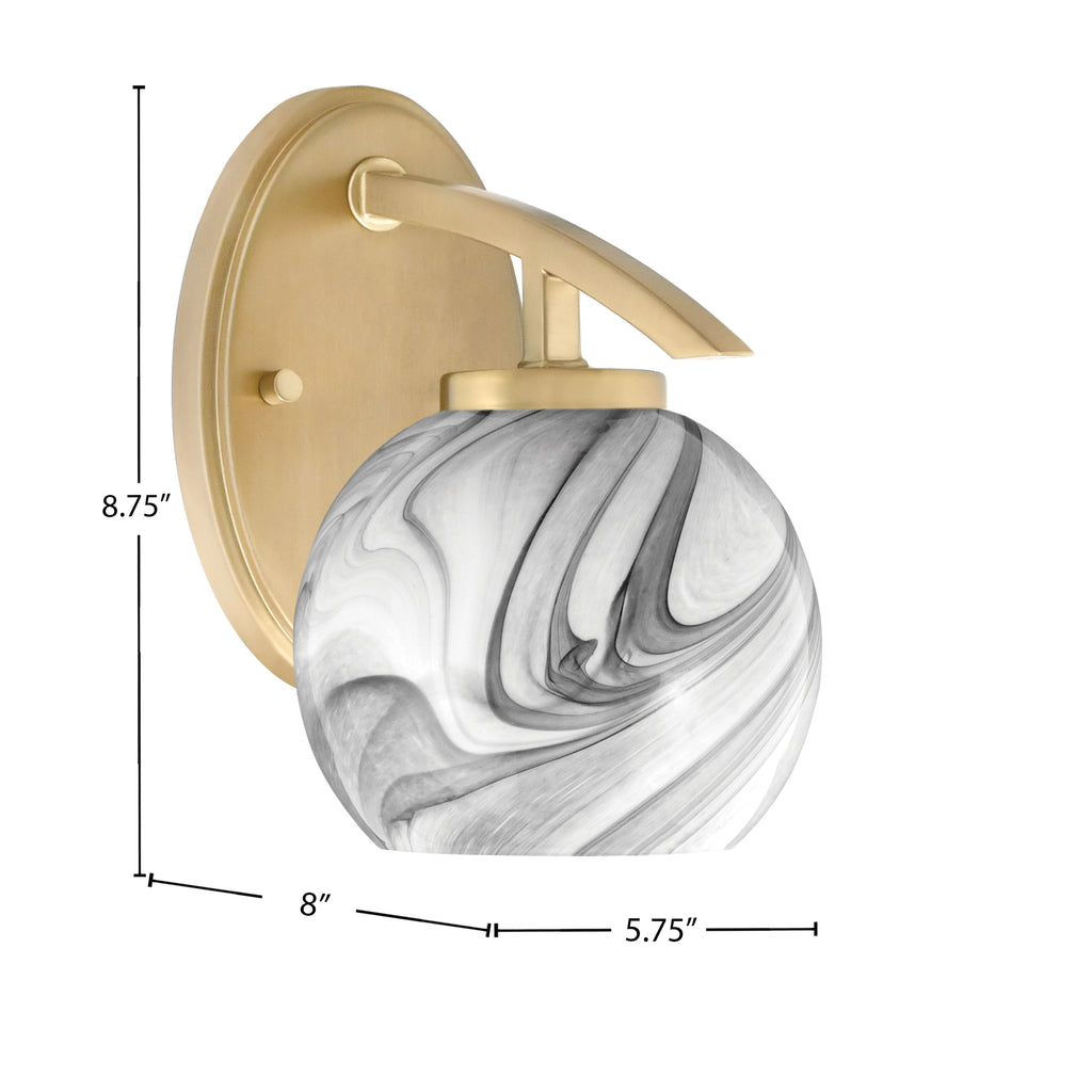 Kurve One Light Wall Sconce in New Age Brass with Onyx Swirl Shade