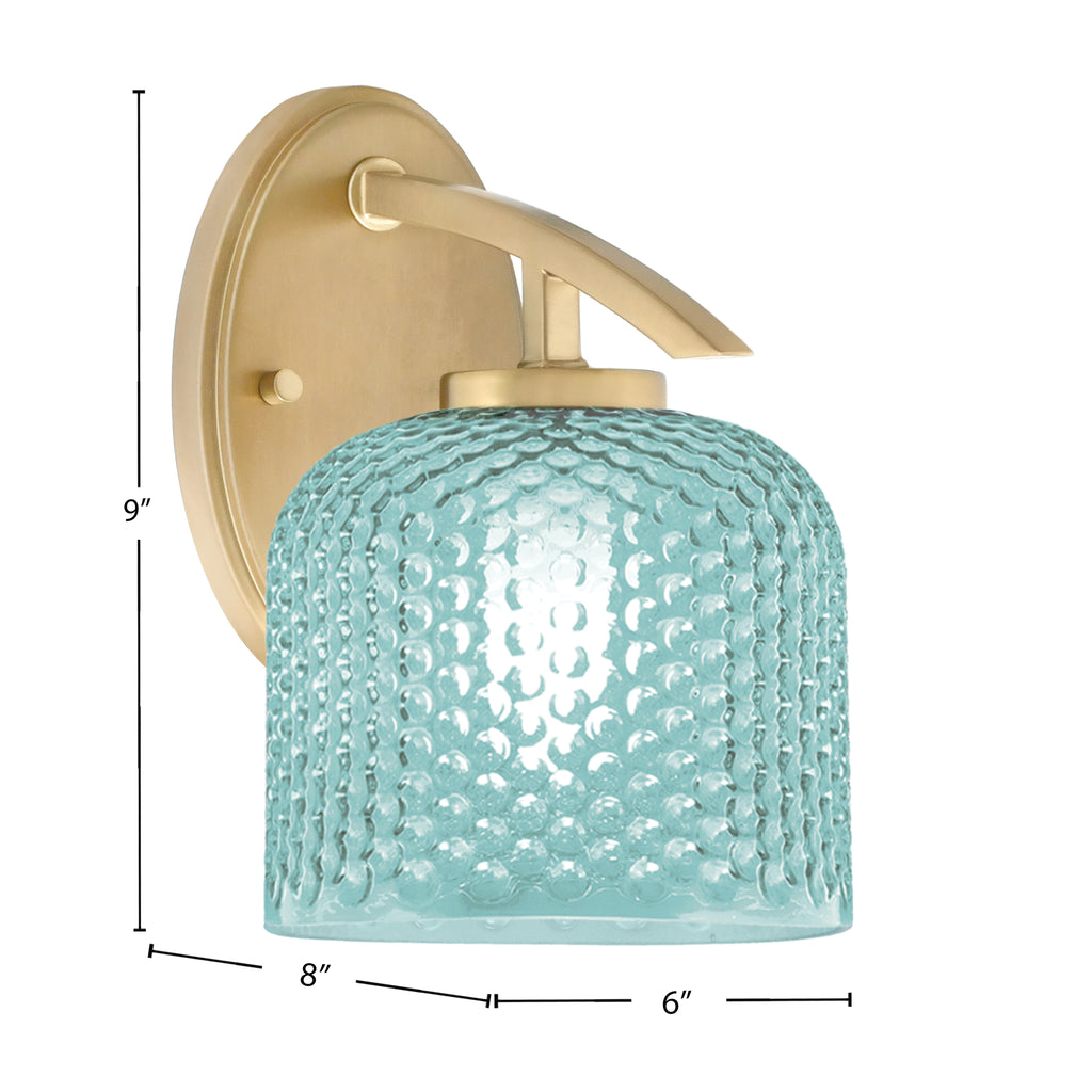 Kurve One Light Wall Sconce in New Age Brass with Turquoise Textured Glass Shade
