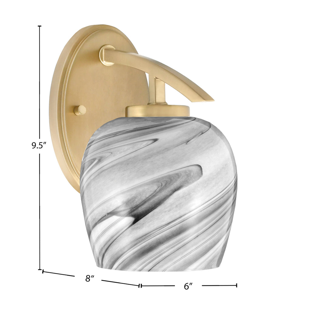 Kurve One Light Wall Sconce in New Age Brass with Onyx Swirl Glass Shade