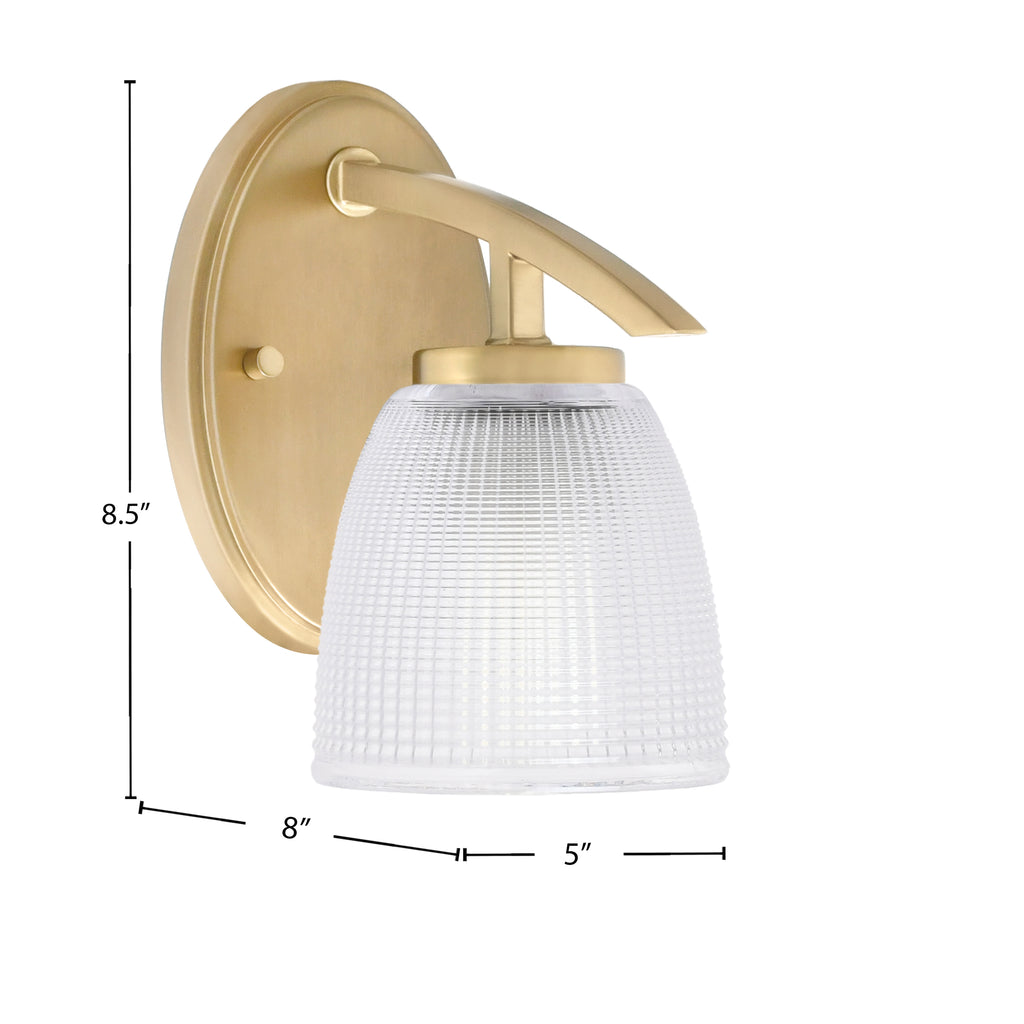 Kurve One Light Wall Sconce in New Age Brass with Clear Ribbed Shade