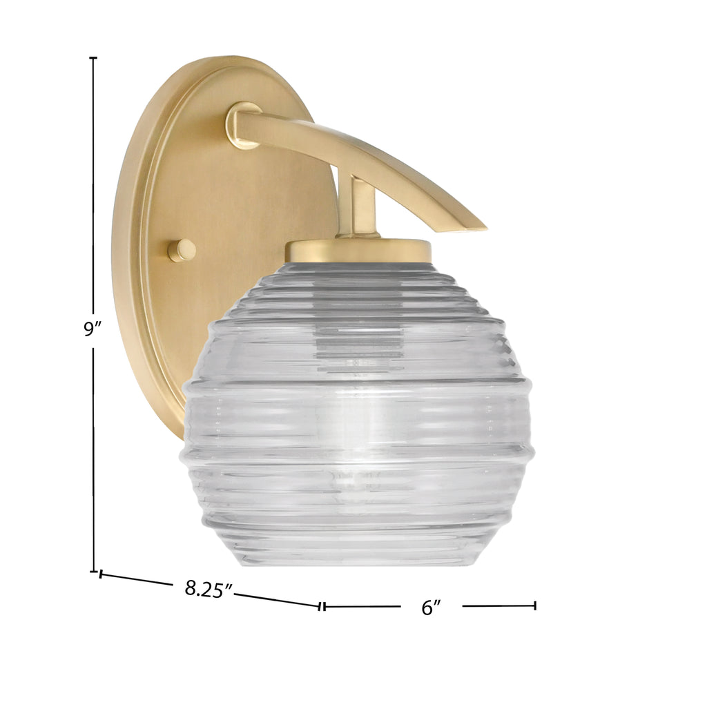 Kurve One Light Wall Sconce in New Age Brass with Clear Ribbed Glass Shade