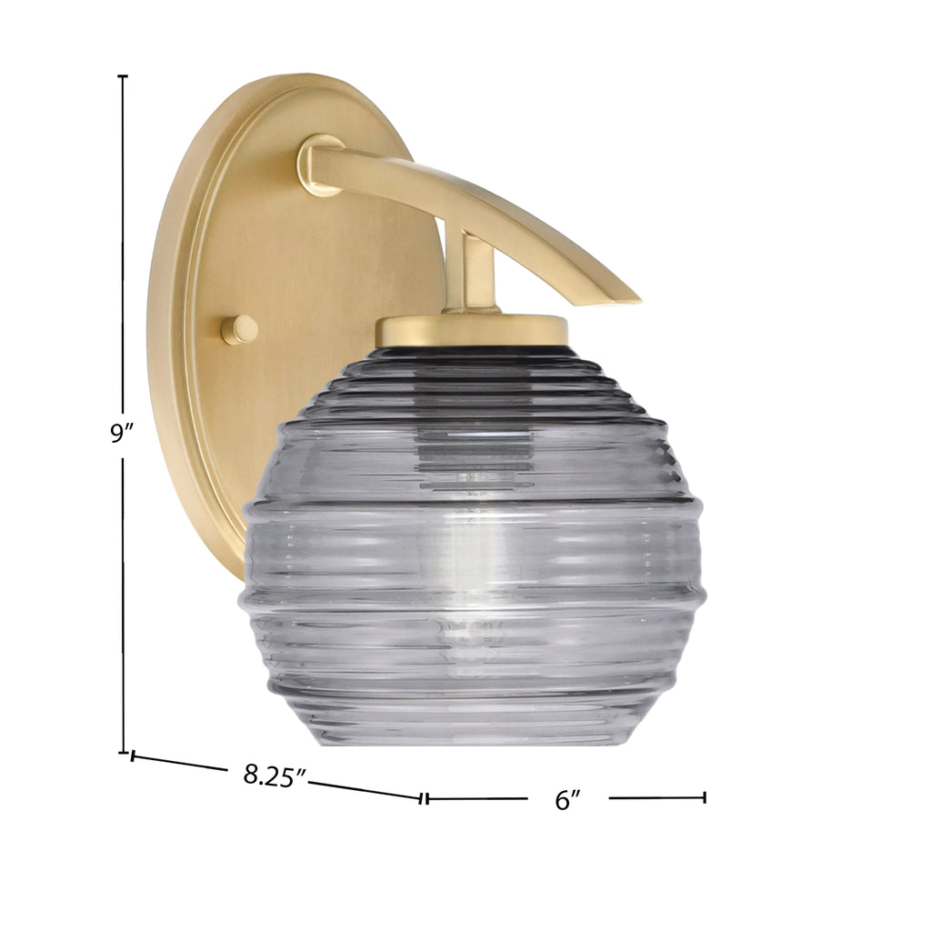 Kurve One Light Wall Sconce in New Age Brass with Smoke Ribbed Glass Shade