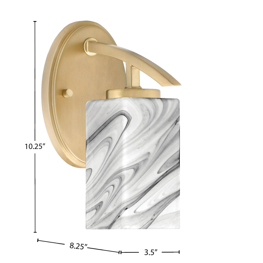 Kurve One Light Wall Sconce in New Age Brass with Onyx Swirl Glass Shade
