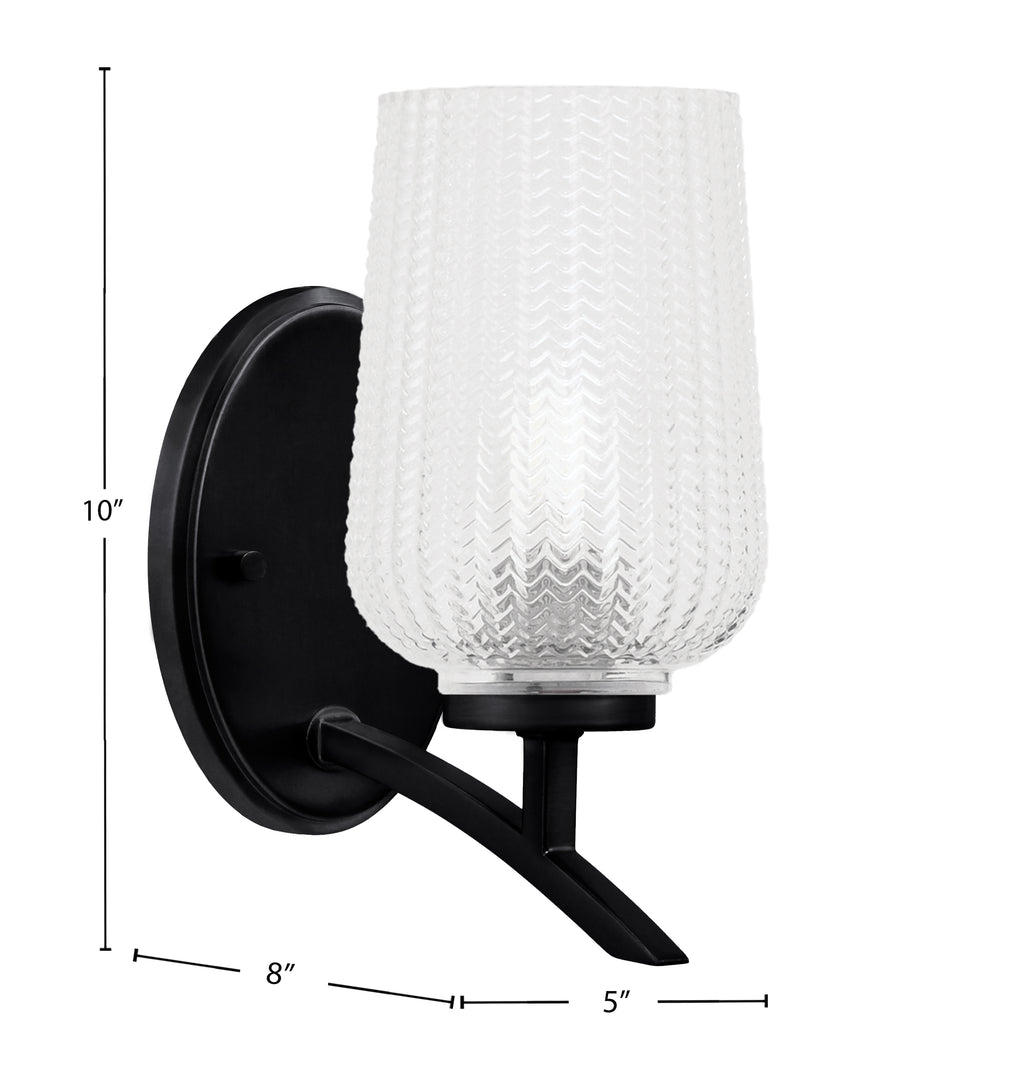 Kurve One Light Wall Sconce in Matte Black with Clear Textured Shade