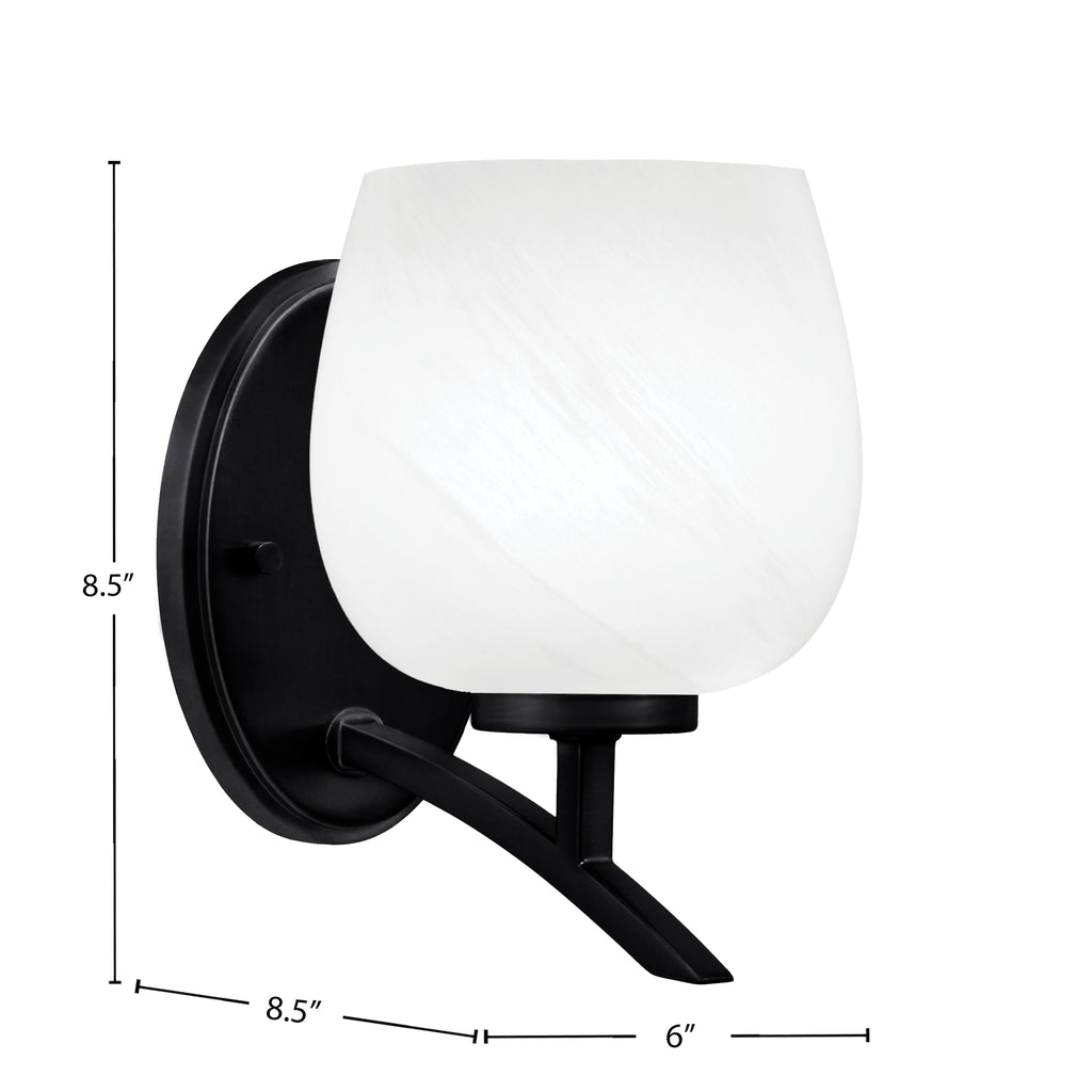 Kurve One Light Wall Sconce in Matte Black with White Marble Shade