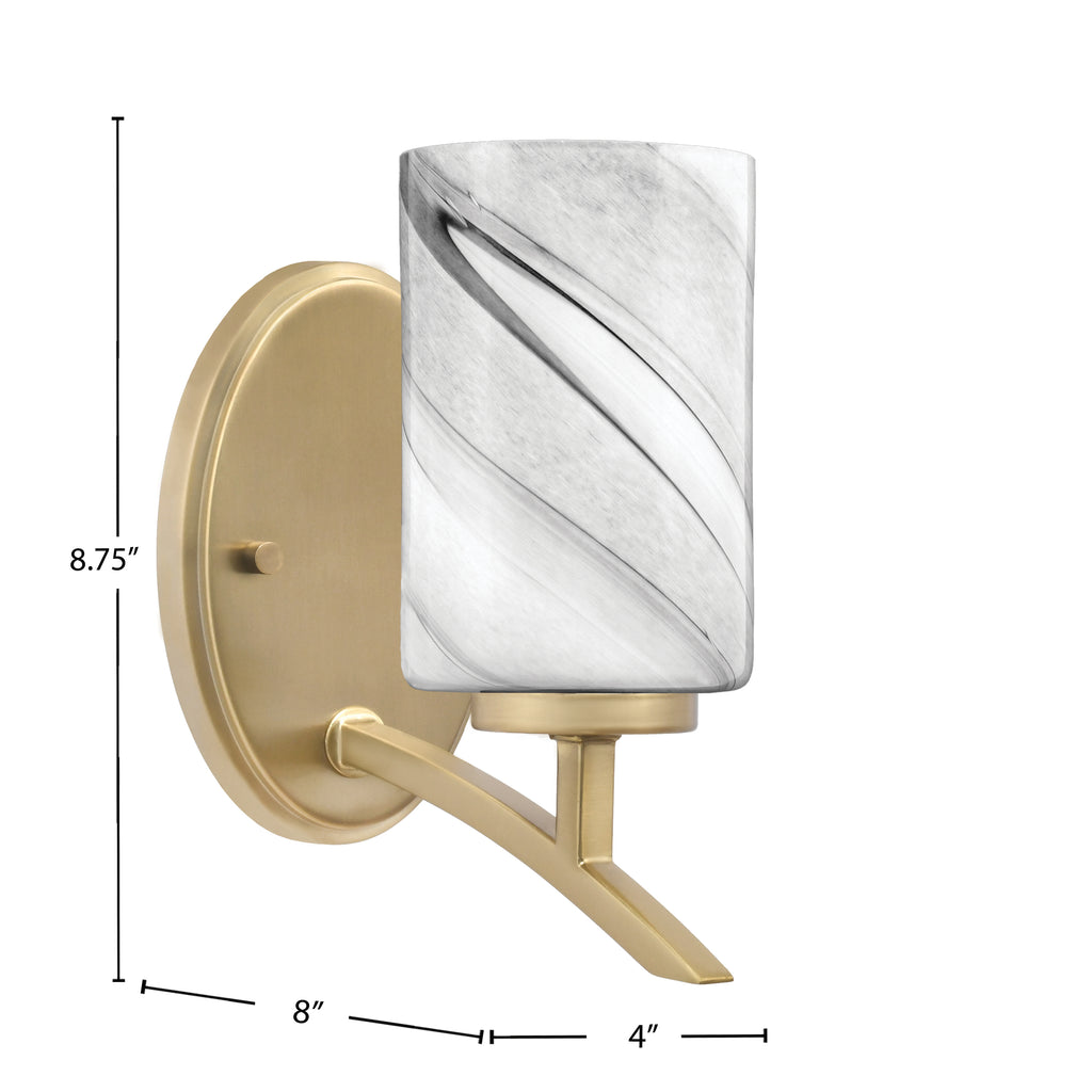 Kurve One Light Wall Sconce in New Age Brass with 4" Onyx Swirl Shade