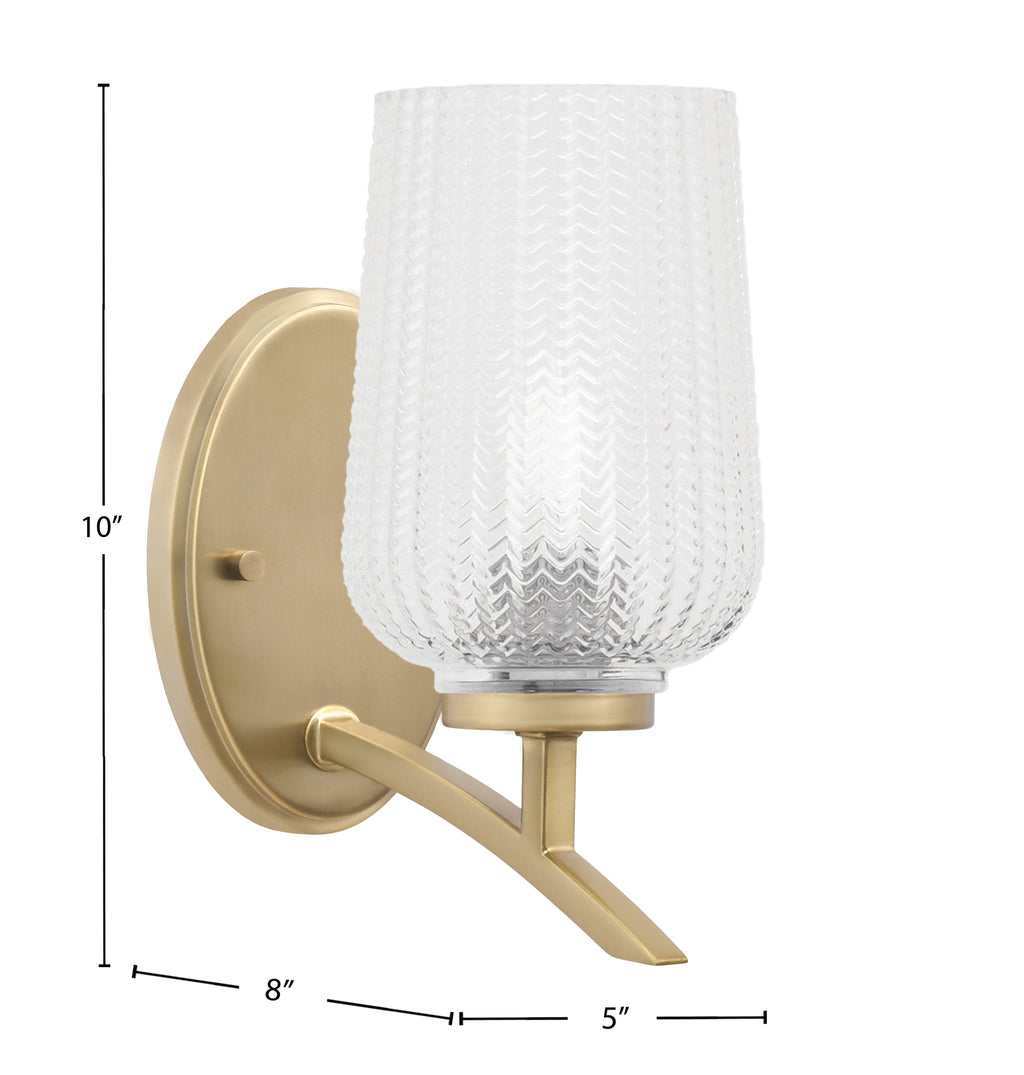 Kurve One Light Wall Sconce in New Age Brass with 5" Clear Textured Shade