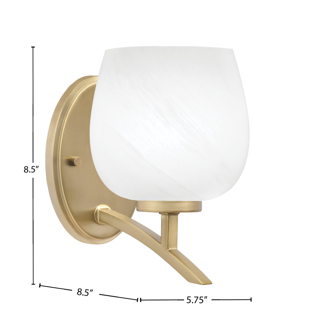 Kurve One Light Wall Sconce in New Age Brass with 6" White Marble Shade