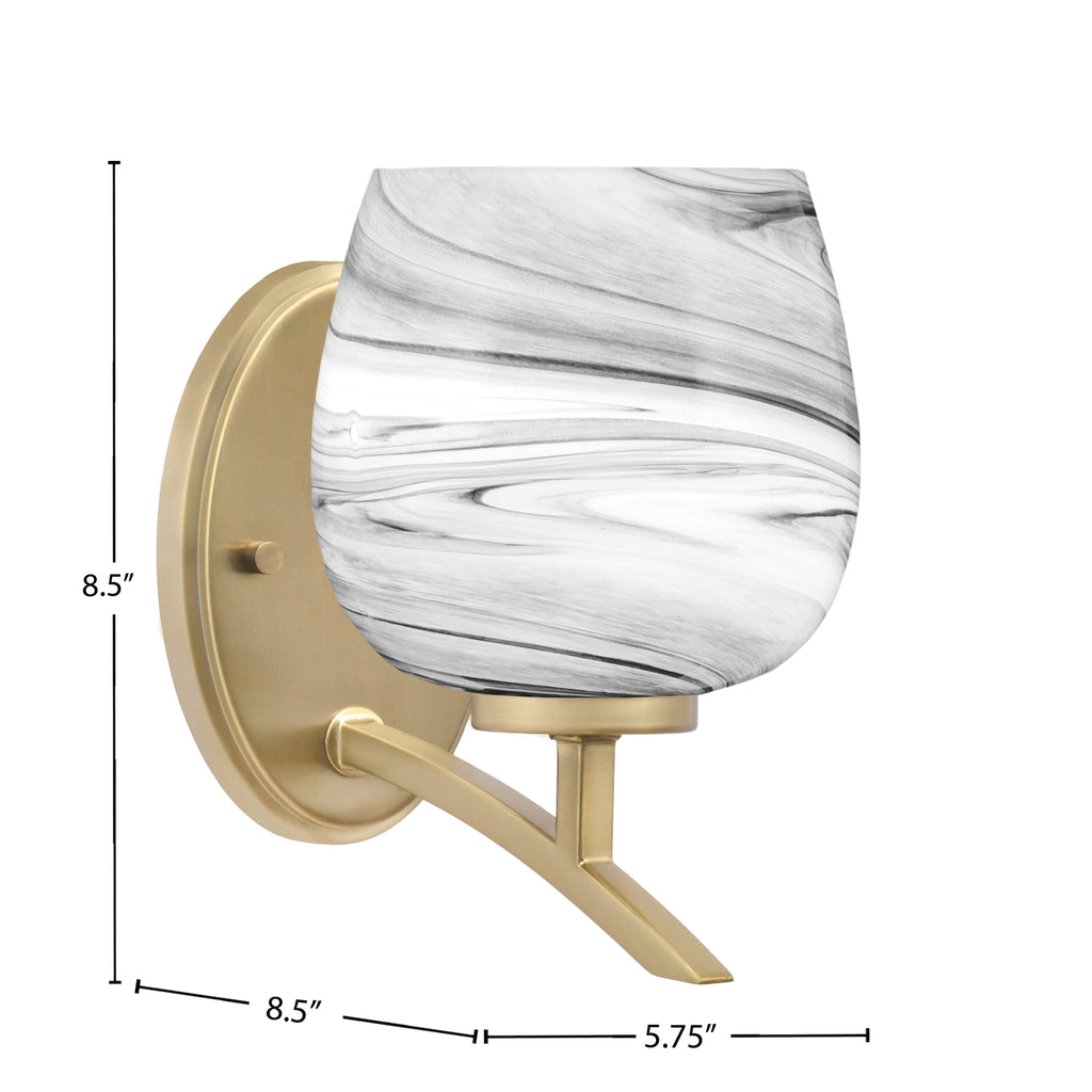 Kurve One Light Wall Sconce in New Age Brass with 6" Onyx Swirl Shade