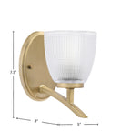 Kurve One Light Wall Sconce in New Age Brass with 5" Clear Ribbed Shade